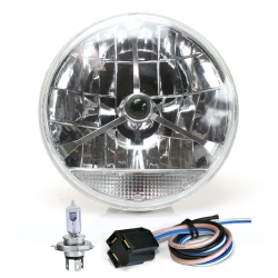 Tri-Bar 7" Inch Lens Assembly w/ H4 Bulb, Harness and Clear Turn Signal ~ Pair - Part Number: AUTLENB2AK