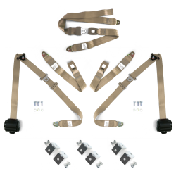 3pt Tan Retractable Seat Belts With Middle 2pt Lap Belt Kit For Bench Seat - Part Number: STBSBK3PSTNB