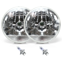Tri-Bar 7" Inch Lens Assembly w/ H4 bulb and Clear Turn Signal ~ Pair - Part Number: AUTLENB2ABS