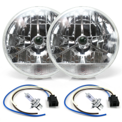 Tri-Bar 7" Inch Lens Assembly w/ H4 Bulb, Harness and Clear Turn Signal ~ Pair - Part Number: AUTLENB2AKS