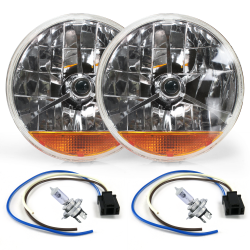 Tri-Bar 7" Halogen Lens Assembly W/ H4 bulb, Plug and Amber Turn Signal ~ Pair - Part Number: AUTLENB3AKS