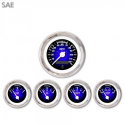5 Gauge Set - SAE Pulsar Bl, White Modern Needles, Chrome Trim Rings - Part Number: GAR1101ZEXQABCD