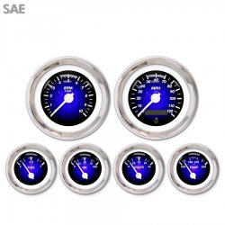 6 Gauge Set - SAE Pulsar Bl, White Modern Needles, Chrome Trim Rings - Part Number: GAR1101ZEXRABCD
