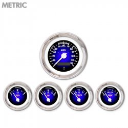 5 Gauge Set - Metric Pulsar Bl, White Modern Needles, Chrome Trim Rings - Part Number: GAR1101ZMXQABCD