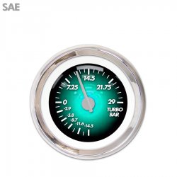 Turbo Gauge - SAE Pulsar Aqua, Silver Modern Needles, Chrome Trim Rings - Part Number: GAR1103ZEXMABCB