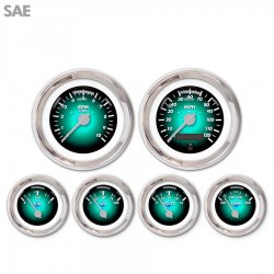 6 Gauge Set - SAE Pulsar Aqua, Silver Modern Needles, Chrome Trim Rings - Part Number: GAR1103ZEXRABCB