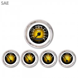 5 Gauge Set - SAE Pulsar Amber, Black Modern Needles, Chrome Trim Rings - Part Number: GAR1104ZEXQABCC