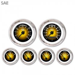 6 Gauge Set - SAE Pulsar Amber, Black Modern Needles, Chrome Trim Rings - Part Number: GAR1104ZEXRABCC
