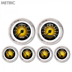 6 Ga. Set w/ emblem - Metric Pulsar Amber, Black Mod Needles, Chrome Trim Rings - Part Number: GAR1104ZMARABCC