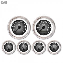 6 Gauge Set - SAE Pulsar Grnay, Black Modern Needles, Chrome Trim Rings - Part Number: GAR1105ZEXRABCC