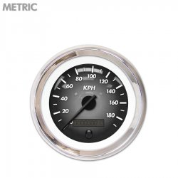 Speedo Gauge - Metric Pulsar Grnay, Black Modern Needles, Chrome Trim Rings - Part Number: GAR1105ZMXHABCC