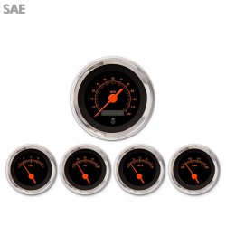 5 Gauge Set - SAE Muscle Red Text, Black, Org Vintage Needles, Chrome Trim Ring - Part Number: GAR1107ZEXQABAH