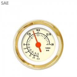 Turbo Gauge - SAE Muscle Tan, Org Vintage Needles, Gold Trim Rings - Part Number: GAR1109ZEXMAAAH