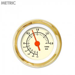 Turbo Gauge - Metric Muscle Tan, Org Vintage Needles, Gold Trim Rings - Part Number: GAR1109ZMXMAAAH