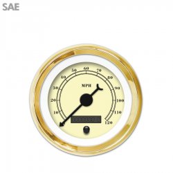 Speedo Gauge - SAE American Classic Tan, Black Classic Needles, Gold Trim Rings - Part Number: GAR110ZEXHAABC