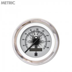 Speedo Gauge - Metric Skull Series, Black Modern Needles, Chrome Trim Rings - Part Number: GAR1115ZMXHABCC