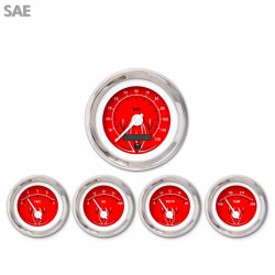 5 Gauge Set - SAE Pinstripe II Red, White Modern Needles, Chrome Trim Rings - Part Number: GAR1117ZEXQABCD