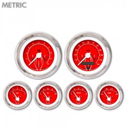 6 Gauge Set - Metric Pinstripe II Red, White Modern Needles, Chrome Trim Rings - Part Number: GAR1117ZMXRABCD