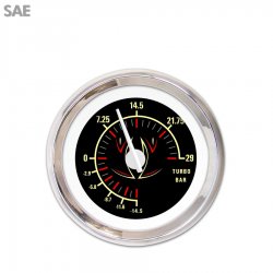 Turbo Gauge - SAE Pinstripe II Black, White Modern Needles, Chrome Trim Rings - Part Number: GAR1119ZEXMABCD