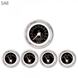5 Gauge Set - SAE Pinstripe II Black, White Modern Needles, Chrome Trim Rings - Part Number: GAR1119ZEXQABCD