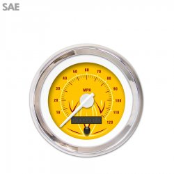 Speedo Gauge - SAE Pinstripe II Yellow, White Modern Needles, Chrome Trim Rings - Part Number: GAR1120ZEXHABCD