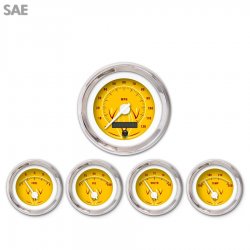 5 Gauge Set - SAE Pinstripe II Yellow, White Modern Needles, Chrome Trim Rings - Part Number: GAR1120ZEXQABCD
