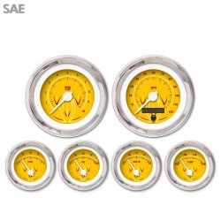6 Gauge Set - SAE Pinstripe II Yellow, White Modern Needles, Chrome Trim Rings - Part Number: GAR1120ZEXRABCD