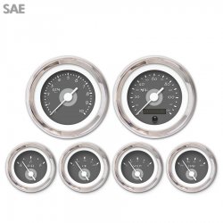 6 Gauge Set - SAE DECO XT Gray, White Vintage Needles, Chrome Trim Rings - Part Number: GAR113ZEXRABAD