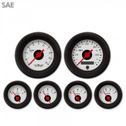 6 Gauge Set w/ emblem - SAE DECO XT Ash, Red Vintage Needles, Black Trim Rings - Part Number: GAR115ZEARACAE