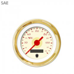 Speedo Gauge - SAE DECO XT Tan, Red Vintage Needles, Gold Trim Rings - Part Number: GAR116ZEXHAAAE