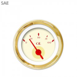 Oil Pressure Gauge - SAE DECO XT Tan, Red Vintage Needles, Gold Trim Rings - Part Number: GAR116ZEXJAAAE
