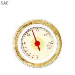 Turbo Gauge - SAE DECO XT Tan, Red Vintage Needles, Gold Trim Rings - Part Number: GAR116ZEXMAAAE
