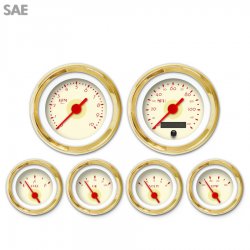 6 Gauge Set - SAE DECO XT Tan, Red Vintage Needles, Gold Trim Rings - Part Number: GAR116ZEXRAAAE