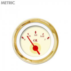 Oil Pressure Gauge - Metric DECO XT Tan, Red Vintage Needles, Gold Trim Rings - Part Number: GAR116ZMXJAAAE