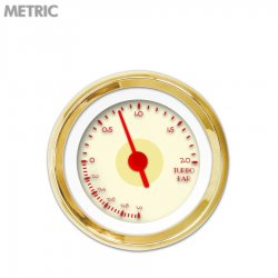 Turbo Gauge - Metric DECO XT Tan, Red Vintage Needles, Gold Trim Rings - Part Number: GAR116ZMXMAAAE
