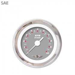 Tach Ga. w/ emblem - Modern Rodder Grey, Wht Vintage Needles, Chrome Trim Rings - Part Number: GAR117ZEAIABAD