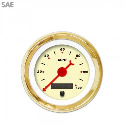 Speedo Gauge - SAE Modern Rodder Tan, Red Classic Needles, Gold Trim Rings - Part Number: GAR119ZEXHAABE