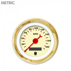 Speedo Gauge - Metric Modern Rodder Tan, Red Classic Needles, Gold Trim Rings - Part Number: GAR119ZMXHAABE