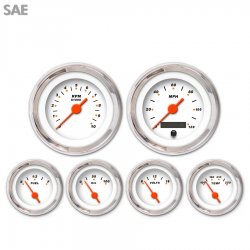 6 Gauge Set - SAE Modern Rodder White, Org Vintage Needles, Chrome Trim Rings - Part Number: GAR120ZEXRABAH