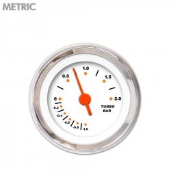Turbo Gauge - Metric Modern Rodder White, Org Vintage Needles, Chrome Trim Ring - Part Number: GAR120ZMXMABAH