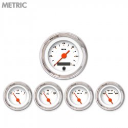 5 Gauge Set - Metric Modern Rodder White, Org Vintage Needles, Chrome Trim Ring - Part Number: GAR120ZMXQABAH