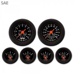 6 Gauge Set w/ emblem SAE Pinstripe Black, Org Vintage Needles, Black Trim Ring - Part Number: GAR121ZEARACAH