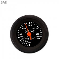 Turbo Gauge - SAE Pinstripe Black, Org Vintage Needles, Black Trim Rings - Part Number: GAR121ZEXMACAH