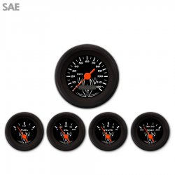 5 Gauge Set - SAE Pinstripe Black, Org Vintage Needles, Black Trim Rings - Part Number: GAR121ZEXQACAH