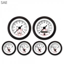 6 Gauge Set w/ emblem SAE Pinstripe White, Black Vintage Needles, Black Rings - Part Number: GAR122ZEARACAC