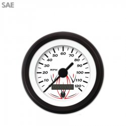 Speedo Gauge - SAE Pinstripe White, Black Vintage Needles, Black Trim Rings - Part Number: GAR122ZEXHACAC