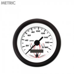 Speedo Gauge - Metric Pinstripe White, Black Vintage Needles, Black Trim Rings - Part Number: GAR122ZMXHACAC