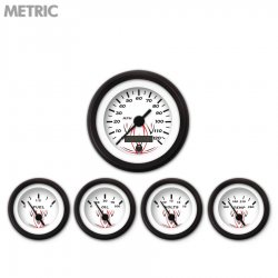 5 Gauge Set - Metric Pinstripe White, Black Vintage Needles, Black Trim Rings - Part Number: GAR122ZMXQACAC