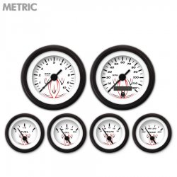 6 Gauge Set - Metric Pinstripe White, Black Vintage Needles, Black Trim Rings - Part Number: GAR122ZMXRACAC