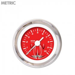 Tach Gauge w/ emblem - Pinstripe Rd, White Vintage Needles, Chrome Trim Rings - Part Number: GAR123ZMAIABAD